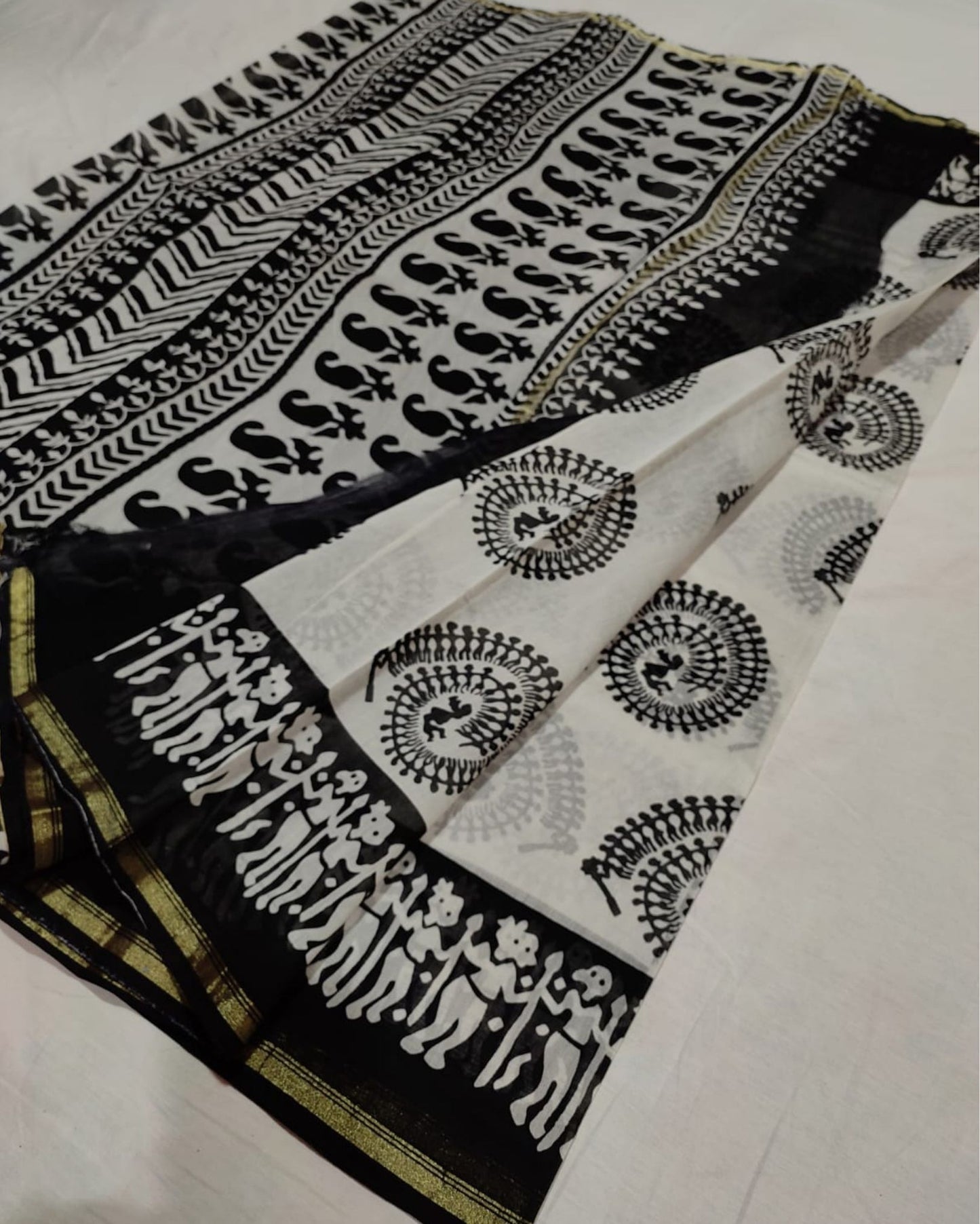 1506-Chanderi Masrise/Mercerised Cotton Silk saree Hand block Print Black and White Colour with running blouse
