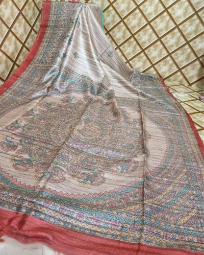 Silkmark Tussar Misty Madhubani Beige Saree