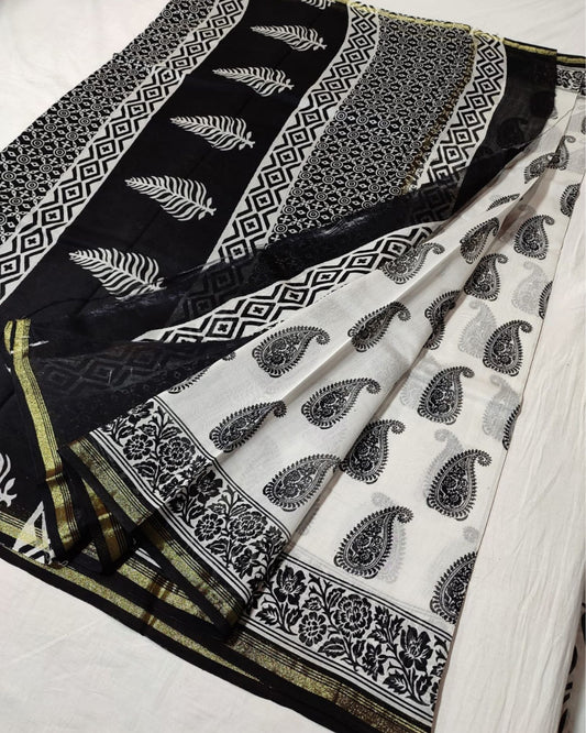 Incandescent Blockprint Chanderi Silk Saree Black & White