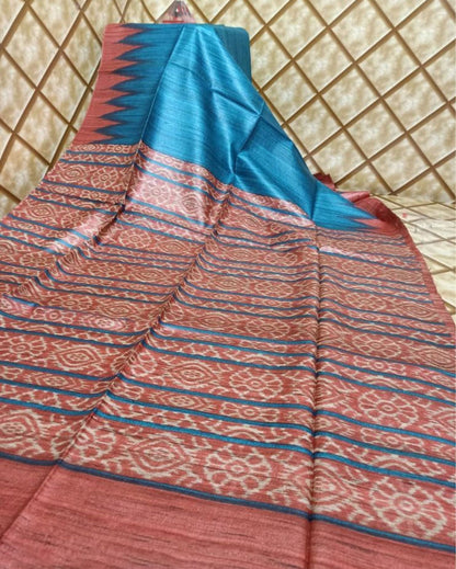 8623-Silkmark Certified Tussar Silk Handloom Handblock Printed Blue Saree with Blouse