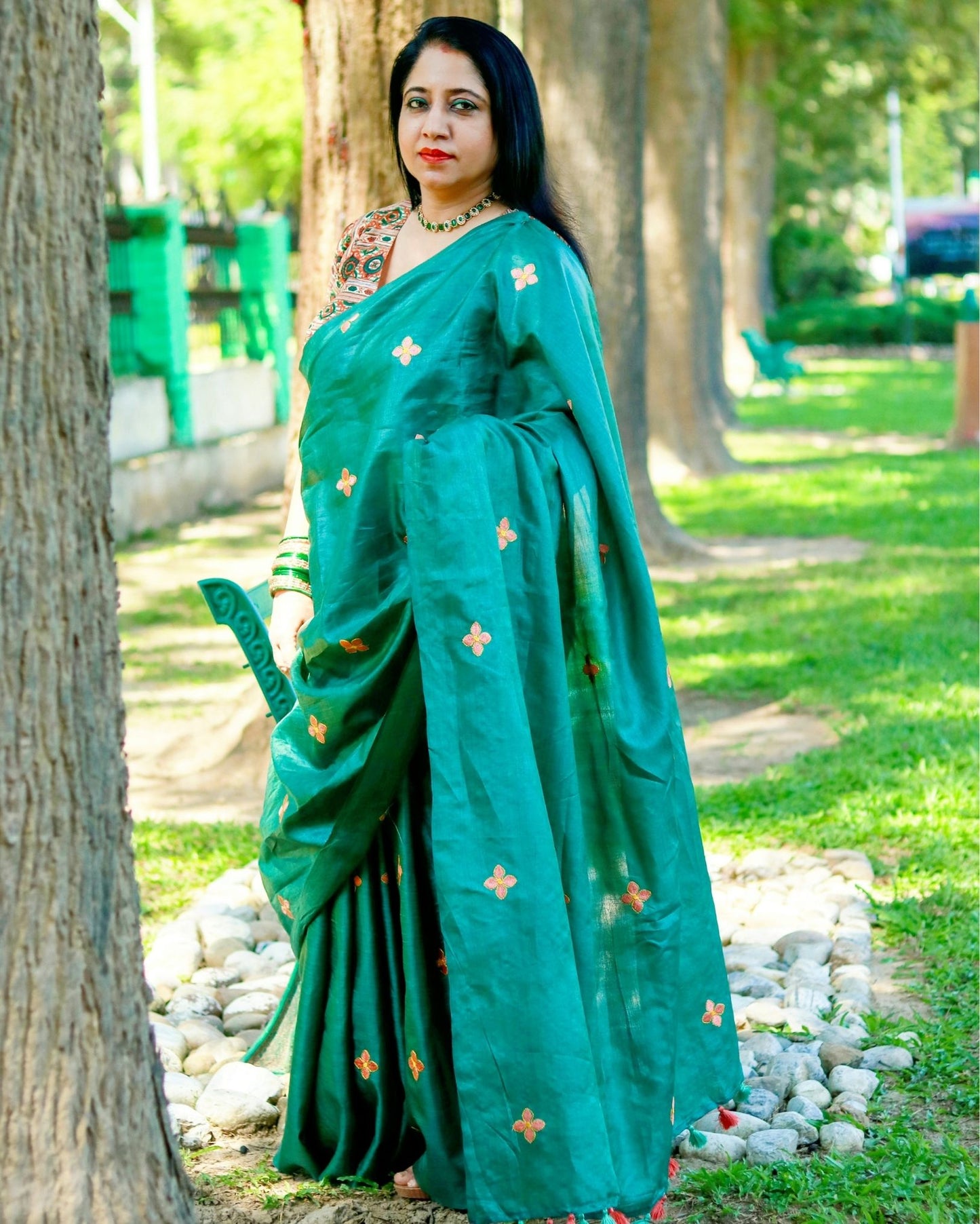 7915-Silkmark Certified Pure Tussar Silk Embroidered Green Saree with Embroidery Color Blouse (Tussar by Tussar)