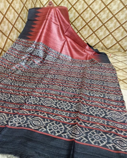 3716-Silkmark Certified Tussar Silk Handloom Handblock Printed Red Saree with Blouse
