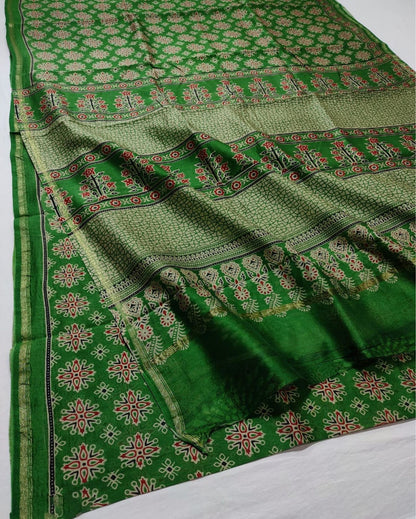 Ajrakh Printed San Felix Green Chanderi Silk Saree