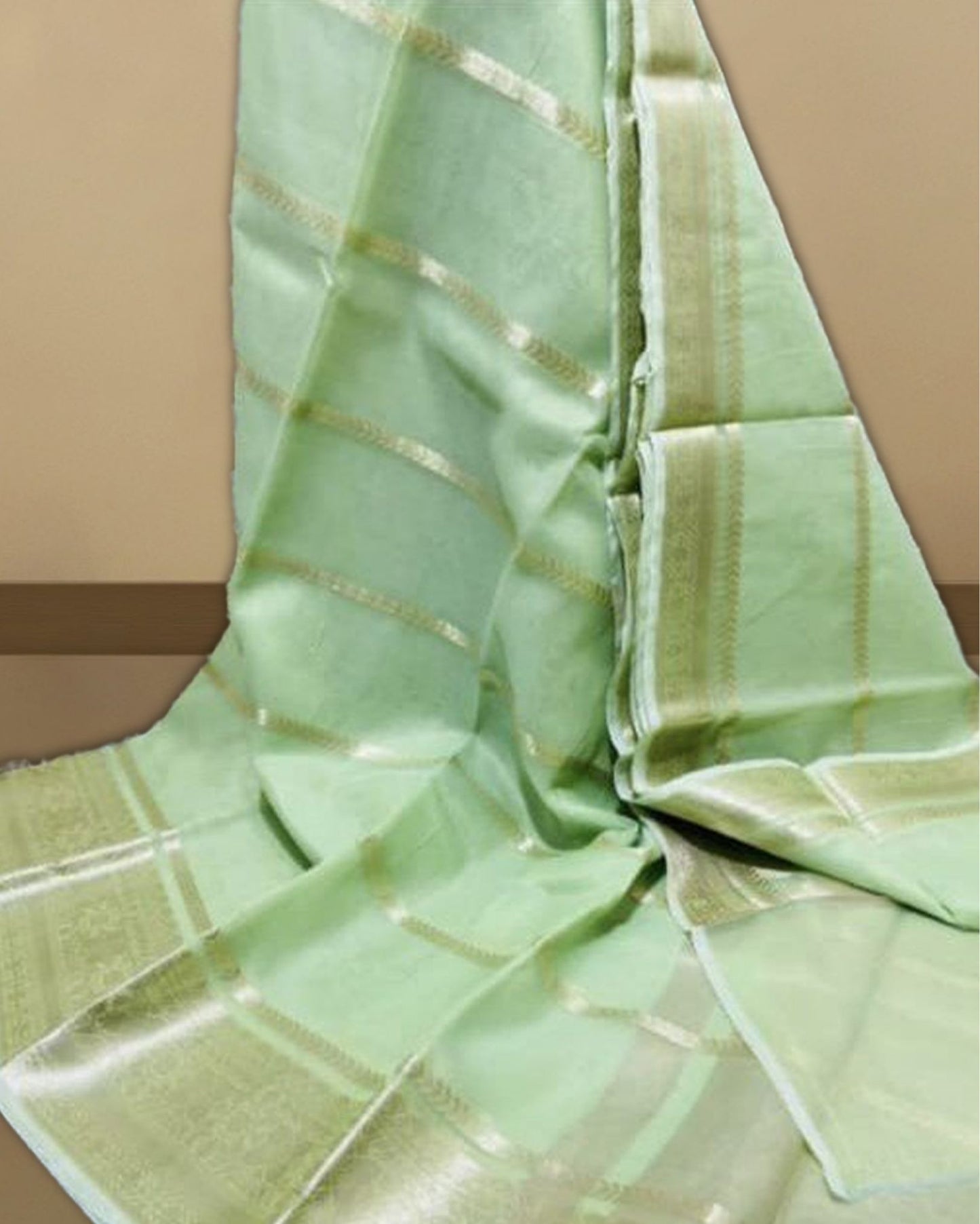 5663-Organza Pure Banarasi Green colour Silk Saree With Striped body running blouse