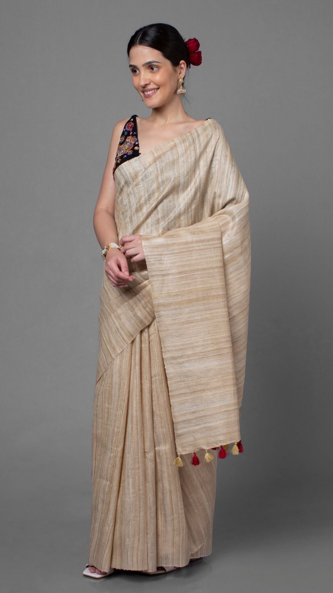 2315-Silkmark Certified Gichcha Tussar Handloom Hand Dyed Beige Saree with Contrast Blouse