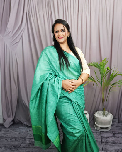 Silkmark Certified Eri Silk Tussar Striped Green Saree