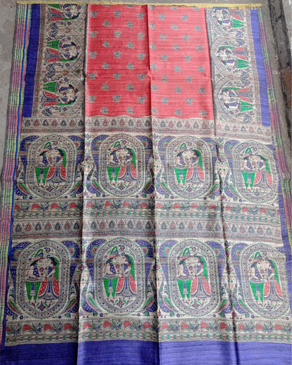 9257-Silkmark Certified Tussar Silk Handloom Handblock Printed Blue Saree with Blouse