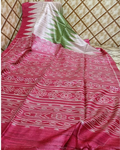 6132-Silkmark Certified Tussar Silk Handloom Handblock Printed White and Green Saree with Blouse