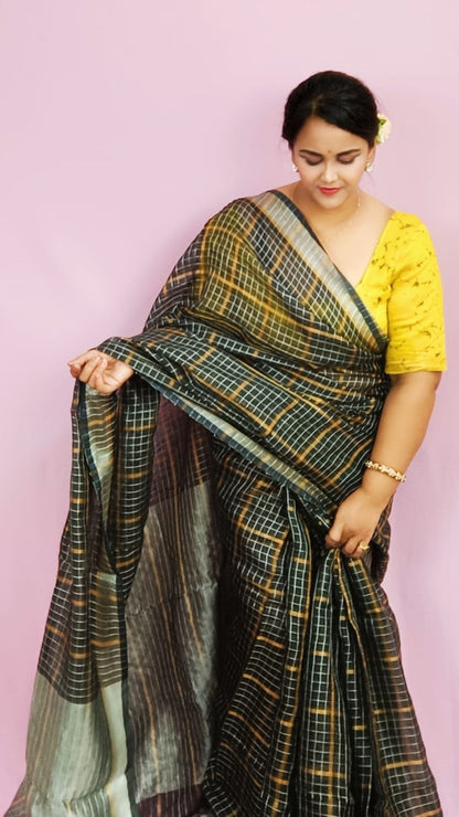 5763-Pure Linen Check Design Handloom Black Saree with Running Blouse