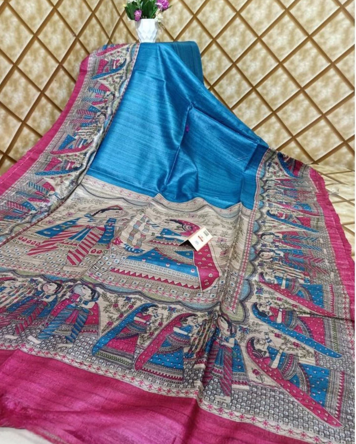 8456-Silkmark Certified Tussar Silk Handloom Handblock Printed Blue Saree with Blouse