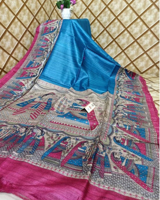 Silkmark Tussar Glossy Madhubani Blue & Pink Saree