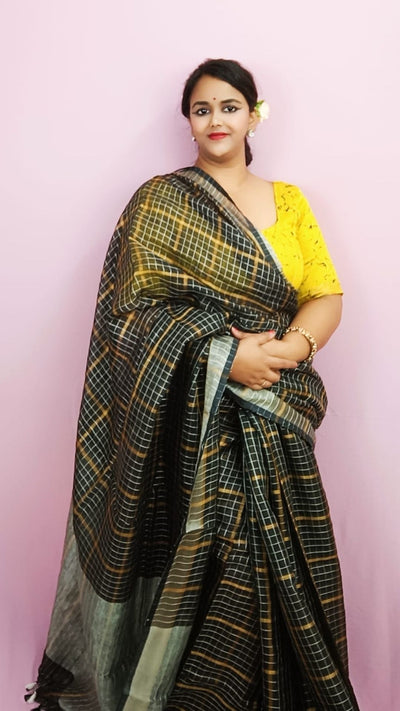 Pure Linen Check Design Handloom Black Saree