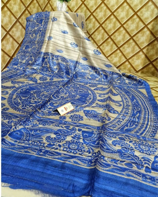 Silkmark Tussar Colorful Madhubani Biege & Blue Saree