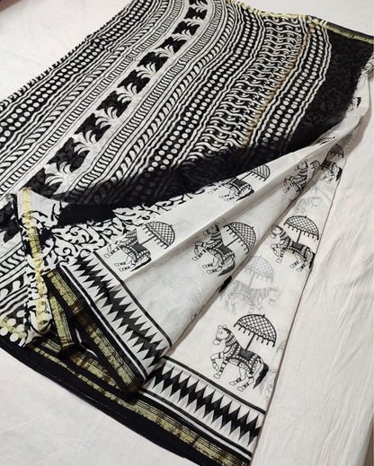 4271-Chanderi Masrise/Mercerised Cotton Silk saree Hand block Print Black and White Colour with running blouse