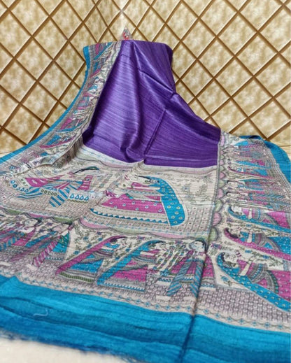 5212-Silkmark Certified Tussar Silk Handloom Handblock Printed Purple Saree with Blouse
