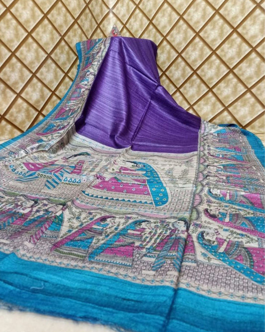 Silkmark Tussar Timeless Madhubani Purple & Blue Saree
