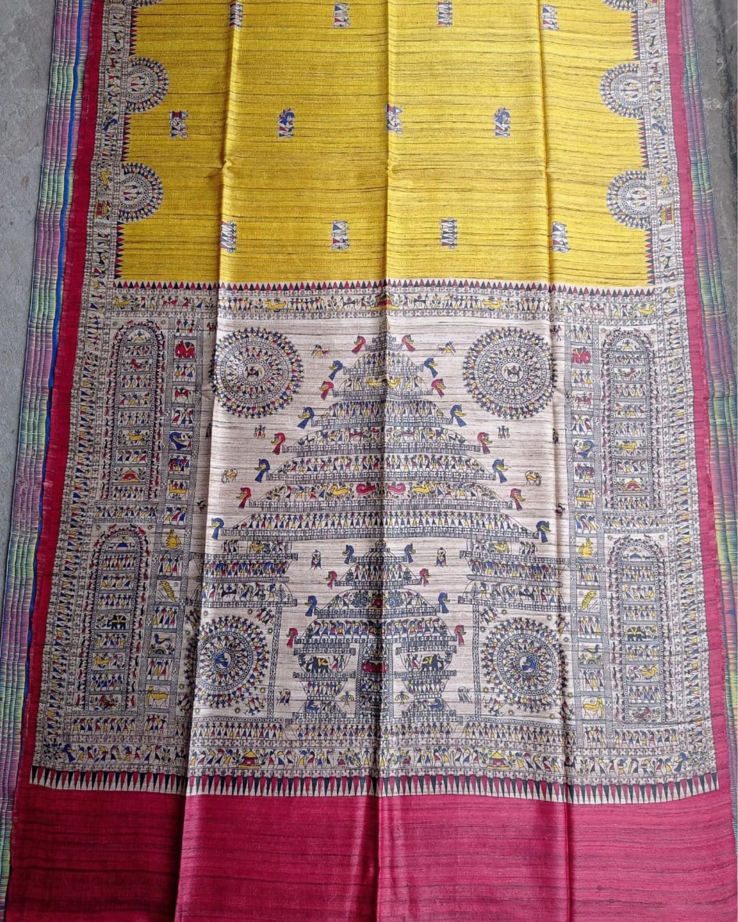 1168-Silkmark Certified Tussar Silk Handloom Handblock Printed Yellow Saree with Blouse