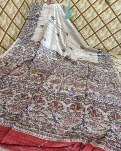 2965-Silkmark Certified Tussar Silk Handloom Handblock Printed White Saree with Blouse
