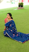 Silk Linen Saree International Klein Blue Color Floral Embroidered with running blouse-Indiehaat