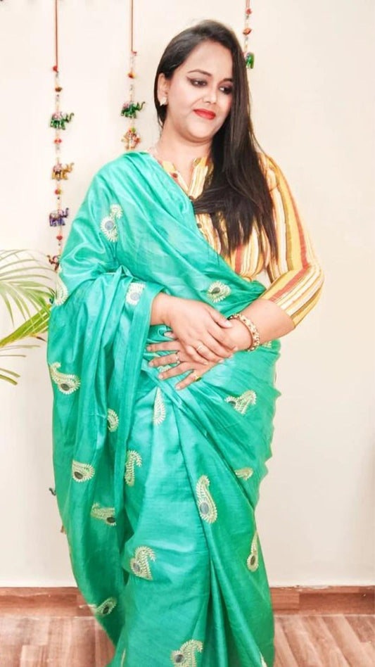 Silkmark Certified Pure Tussar Beaming Embroidered Saree Green