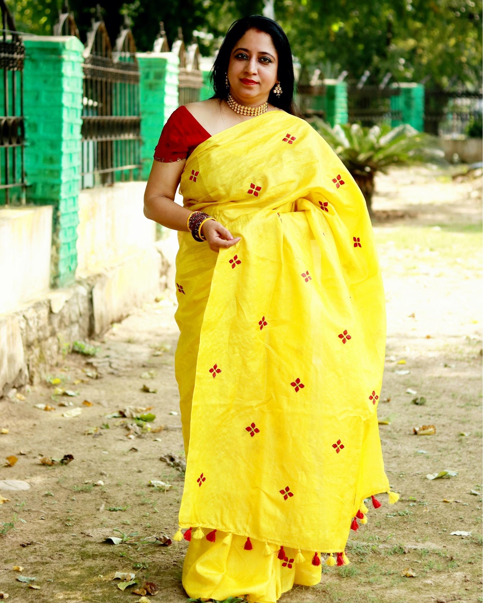 Yellow Fancy Thread Worked Designer Saree – Joshindia