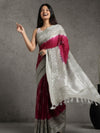 Crimson Slub Linen Wax Batik Hand Dyed Saree Red & Gray