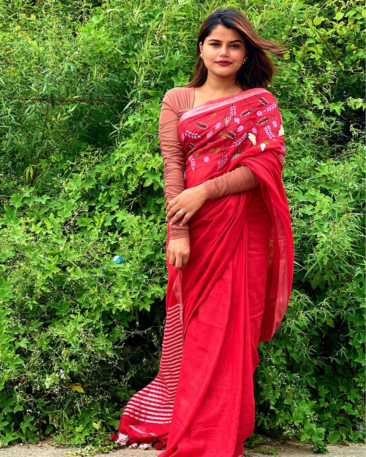 Creative Pure Linen Handloom Saree Red Embroidered