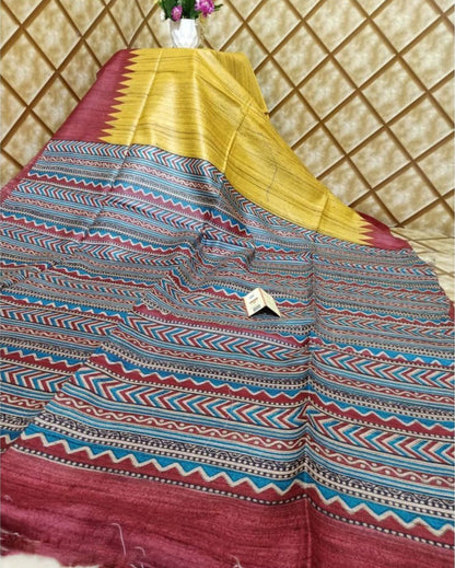 8731-Silkmark Certified Tussar Silk Handloom Handblock Printed Yellow Saree with Blouse