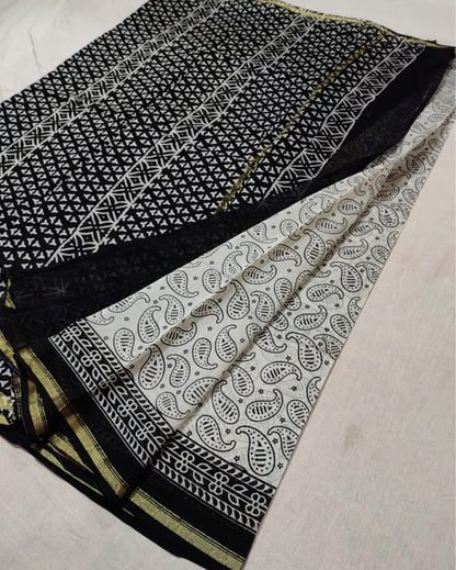 Vibrant Blockprint Chanderi Silk Saree Black & White