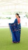 Silk Linen Saree International Klein Blue Color Floral Embroidered with running blouse-Indiehaat