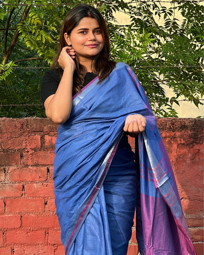 Pure Linen Plain Saree Blue Color with running blouse-Indiehaat