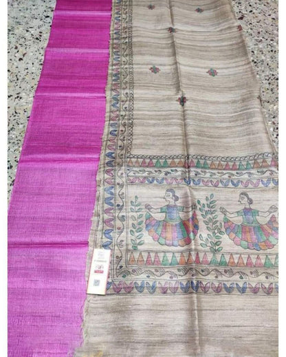 1371-SSilkmark Certified Tussar Pastel Brown Silk Madhubani Dupatta and Plain Tussar Violet Silk Top (Tussar by Tussar)
