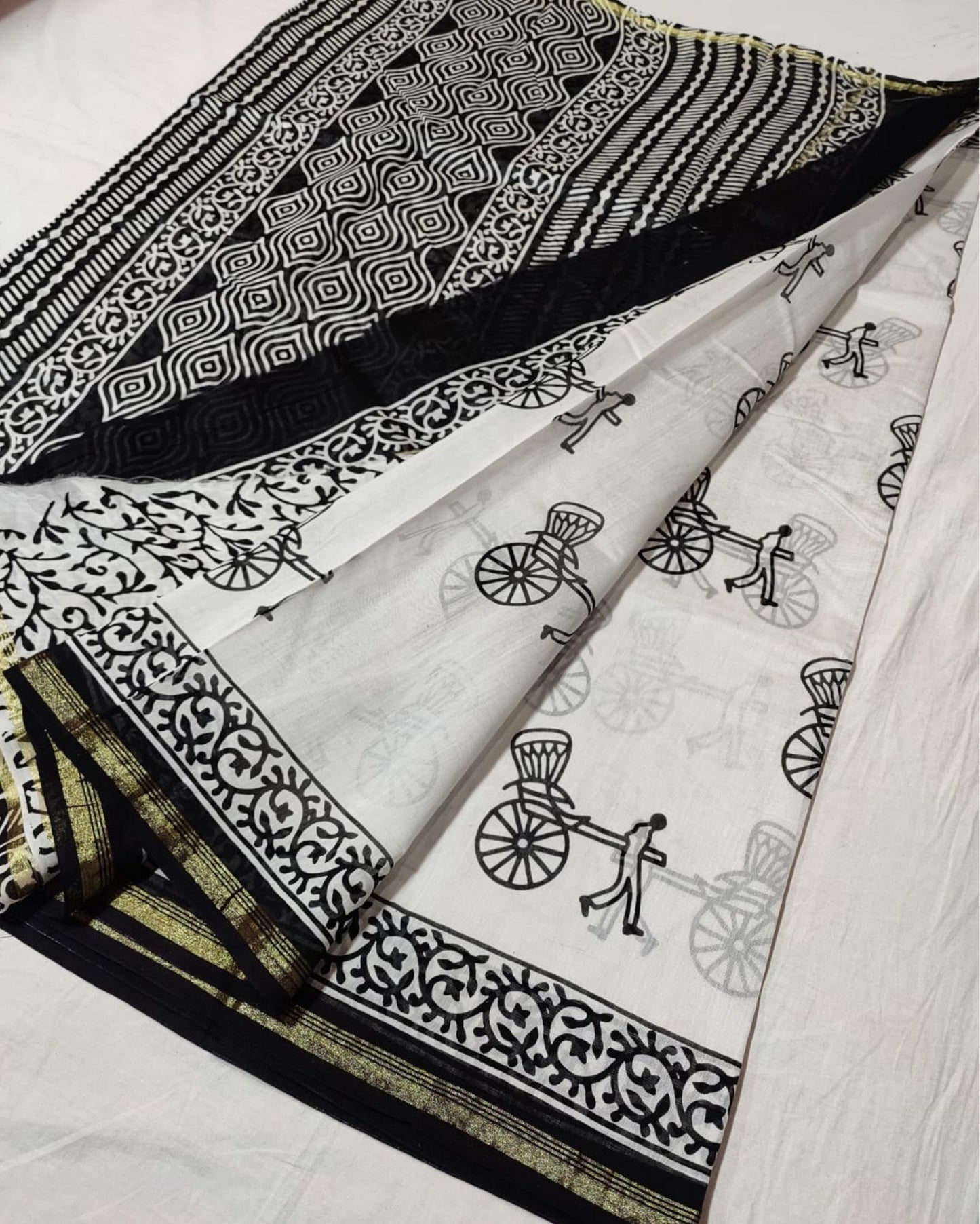 6113-Chanderi Masrise/Mercerised Cotton Silk saree Hand block Print Black and White Colour with running blouse