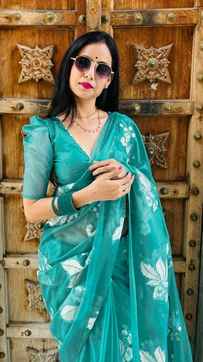 6232-Organza Sea Green color Silk Saree Digital Embroidered with running blouse