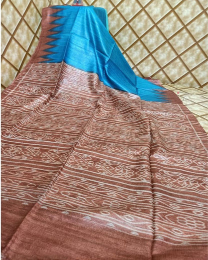 8255-Silkmark Certified Tussar Silk Handloom Handblock Printed Blue Saree with Blouse