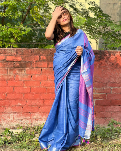 Pure Linen Plain Saree Blue Color with running blouse-Indiehaat