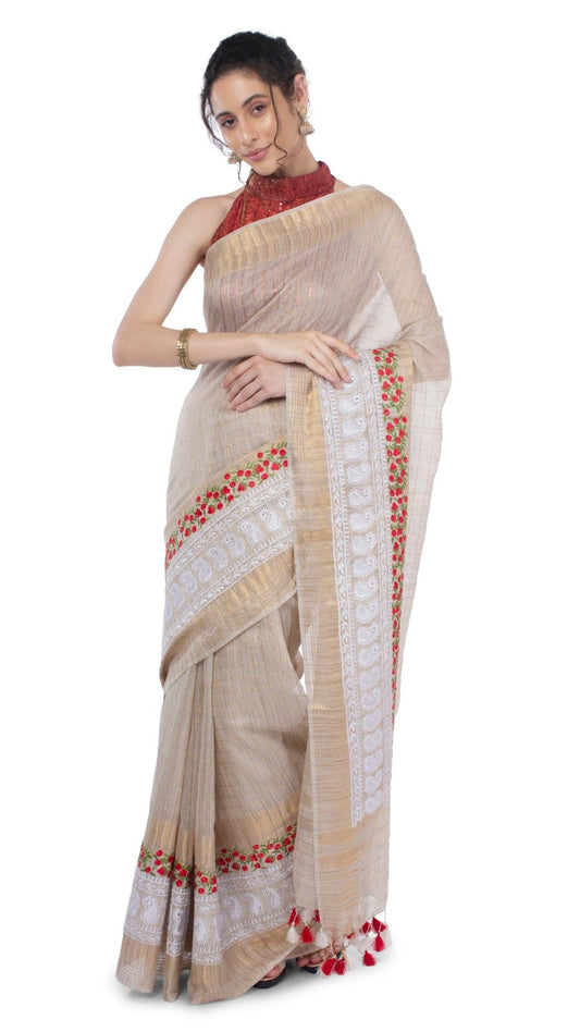 5317-Bansbara Silk Saree Pale Silver Color Zaquard design with Golden Check and Digital Embroidery along running blouse