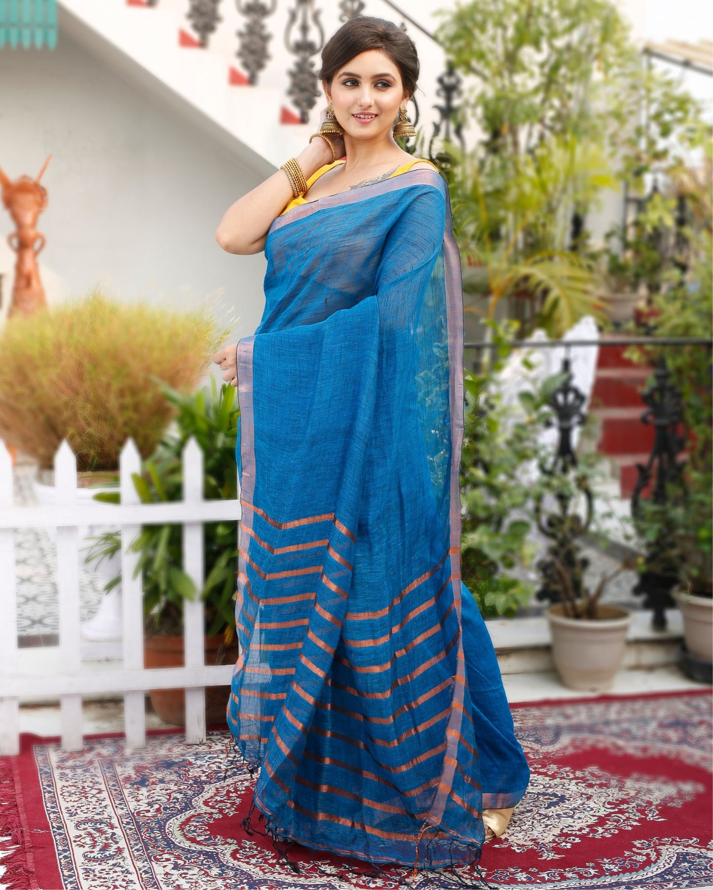 1681-Pure Linen Saree Blue Color Contrast Striped Pallu With Running Blouse
