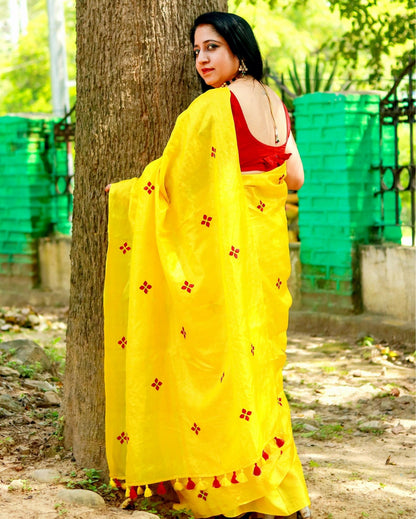 9646-Silkmark Certified Pure Tussar Silk Embroidered Yellow Saree with Embroidery Color Blouse (Tussar by Tussar)