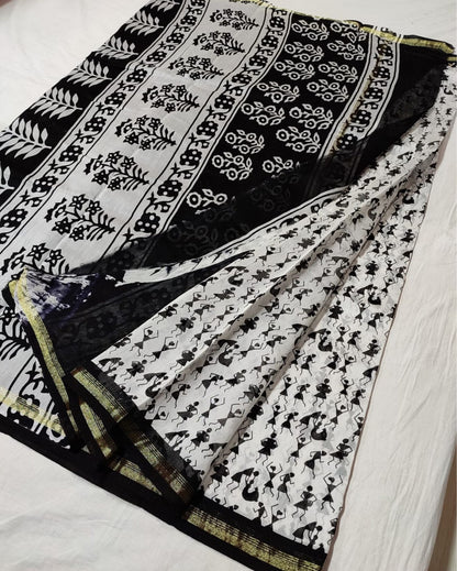 7018-Chanderi Masrise/Mercerised Cotton Silk saree Hand block Print Black and White Colour with running blouse