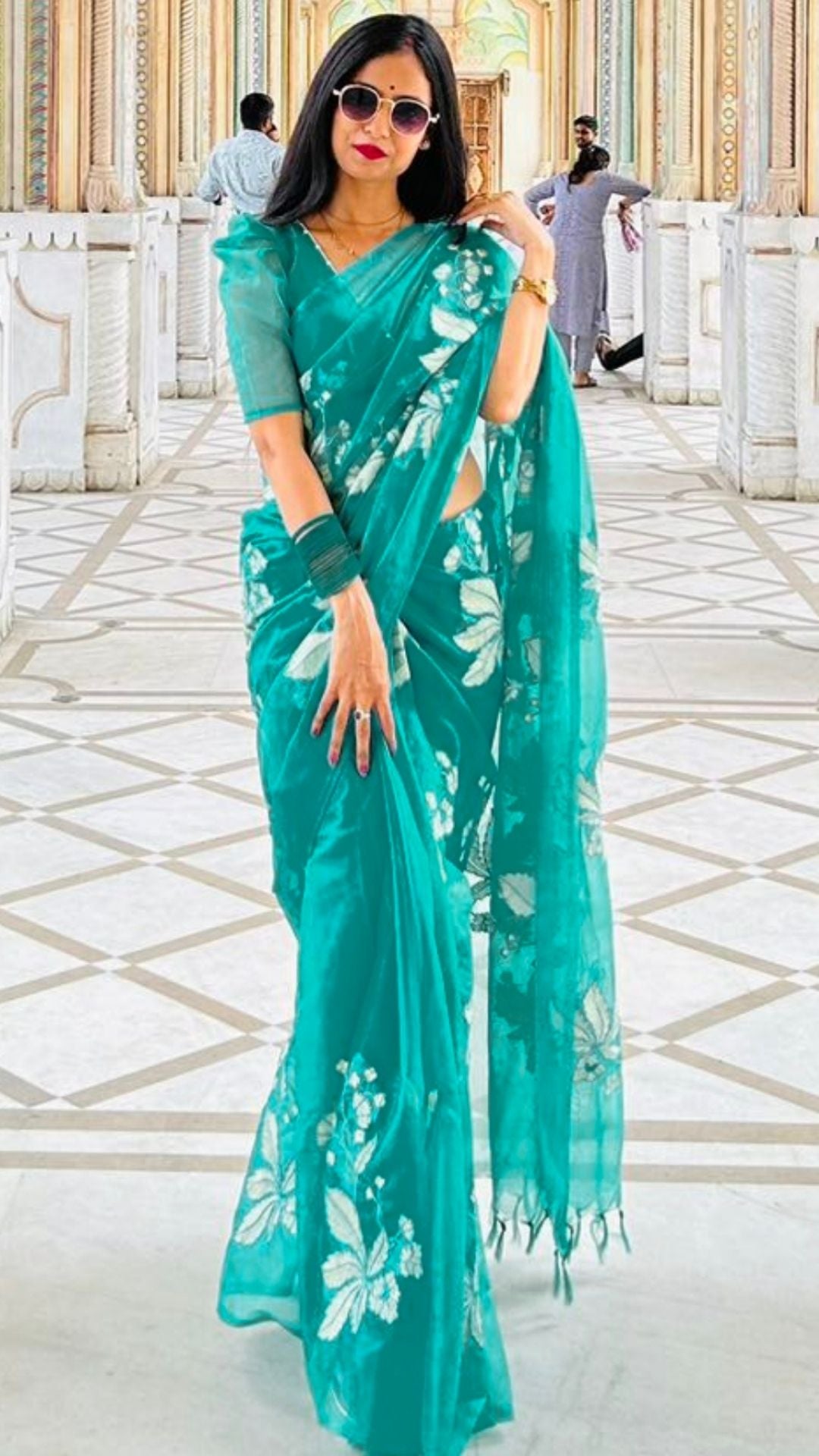 6232-Organza Sea Green color Silk Saree Digital Embroidered with running blouse