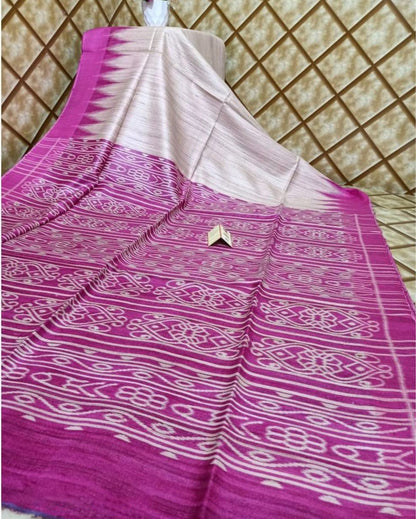 3197-Silkmark Certified Tussar Silk Handloom Handblock Printed White Saree with Blouse