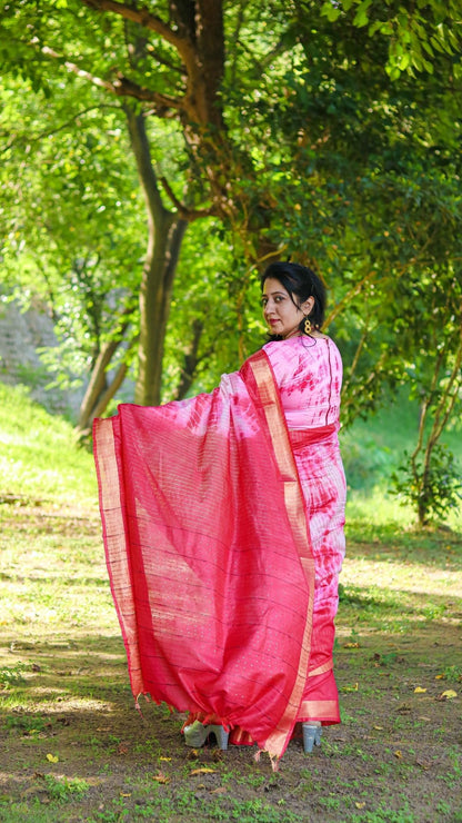 Half Dye Half Print Kota Silk Pink Saree Sequence Pallu
