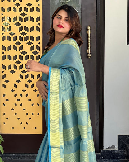 Hand Dyed Pure Tissue Linen Blue Color Saree With Running Blouse-Indiehaat