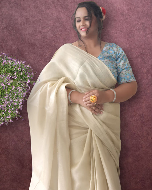 5728-Pure Tissue Linen Hand Dyed Saree Off White Color with running blouse