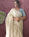 Pure Tissue Linen Hand Dyed Saree Off White Color with running blouse-Indiehaat