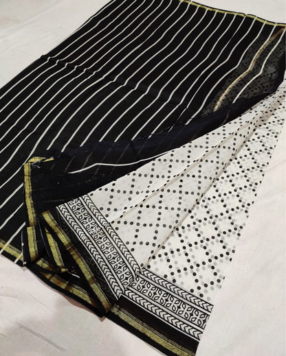 3450-Chanderi Masrise/Mercerised Cotton Silk saree Hand block Print Black and White Colour with running blouse