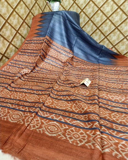 1473-Silkmark Certified Tussar Silk Handloom Handblock Printed Grey Saree with Blouse
