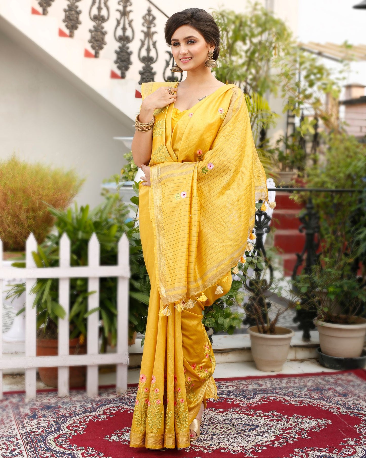 9227-Silk Linen Embroidered Handloom Mustard Yellow Saree with Blouse