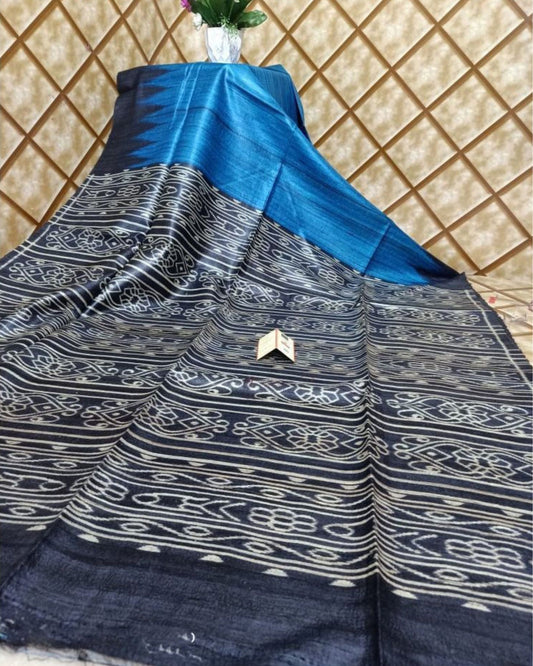 Silkmark Tussar Quaint Blockprint Blue & Black Saree
